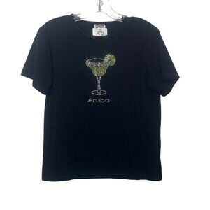 Aruba Cocktail Rhinestone Tshirt Womens Large Black Popular Sports